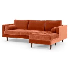 Scott, canapé d’angle 4 places avec méridienne à droite (vue de face), velours de coton orange brûlé