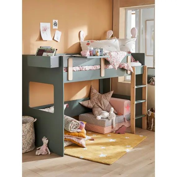Lit mezzanine mi-hauteur enfant LIGNE EVEREST kaki