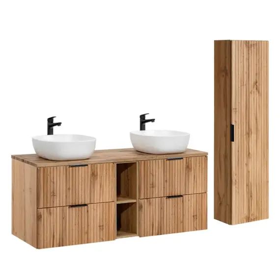 Ensemble meuble double vasque 140cm et colonne stratifiés naturel