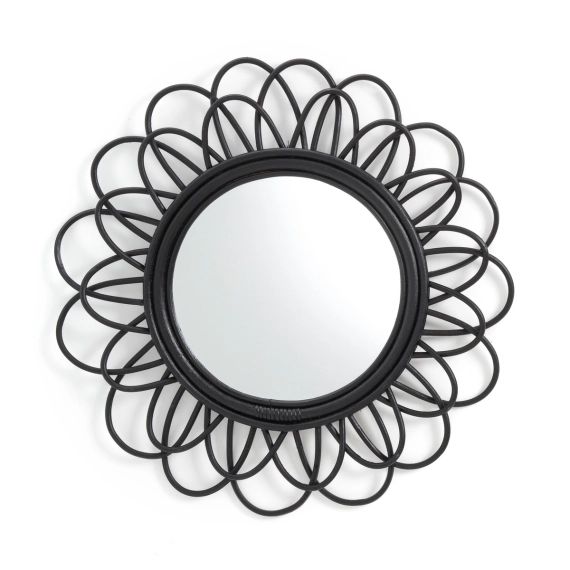 Miroir rotin teinté noir fleur double Ø60 cm, Nogu
