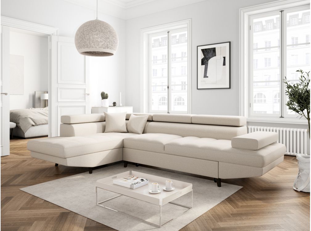 Canapé d’angle RIO Convertible avec coffre en tissu – Angle Gauche, Beige, Pieds – Noir – 271 x 192 x 80 cm – Usinestreet