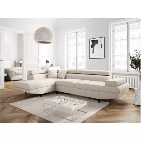 Canapé d’angle RIO Convertible avec coffre en tissu – Angle Gauche, Beige, Pieds – Noir – 271 x 192 x 80 cm – Usinestreet