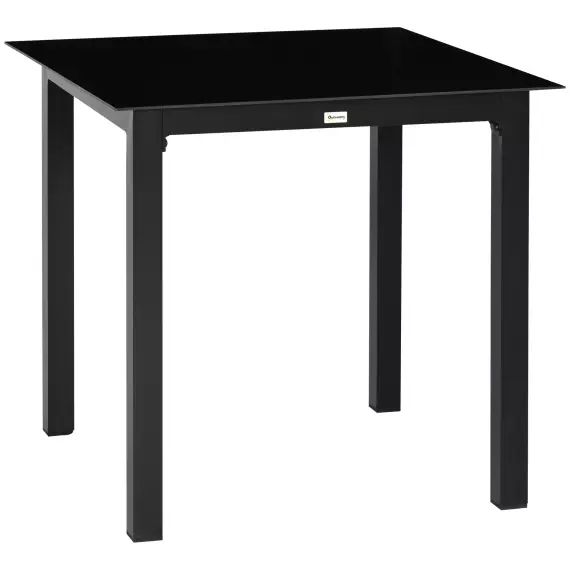 Table de jardin 4 personnes 80L x 80l x 74H cm alu. verre trempé noir