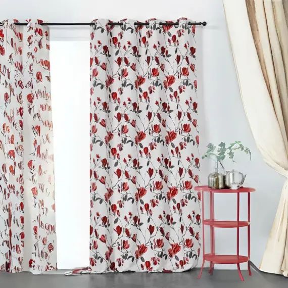 Rideau tamisant et imprimé magnolia polyester bordeaux 250×135