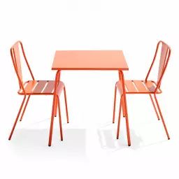 Ensemble table de jardin carrée et 2 chaises bistrot orange