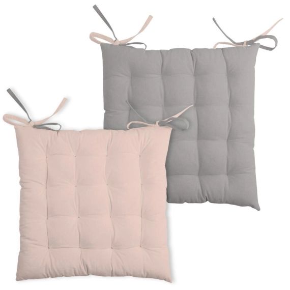 Galette de chaise Duo coton, rose poudré / gris souris l.40 x H.40 cm