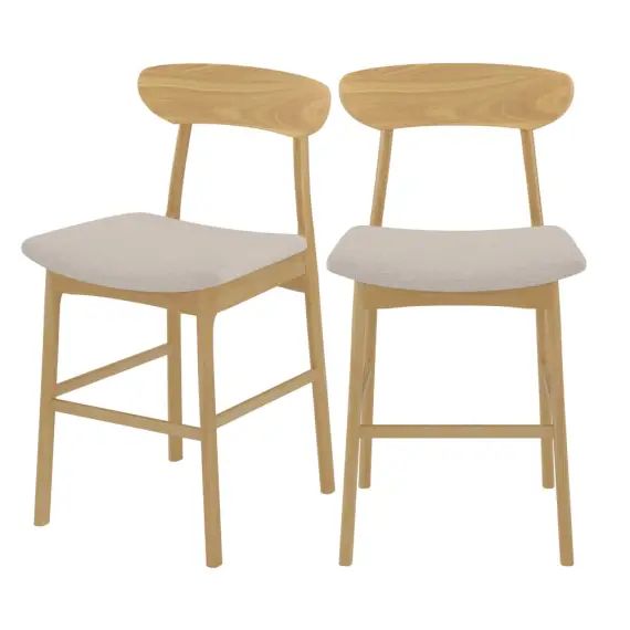 Chaise de bar mi-hauteur en tissu beige et bois d&rsquo;hévéa massif 63 cm