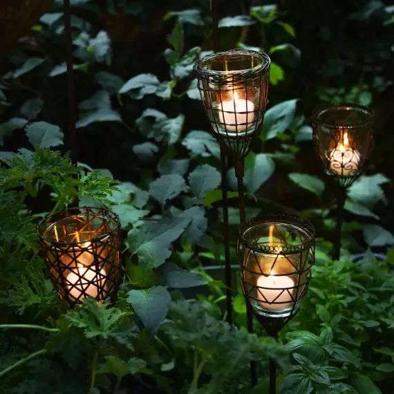 Lot de 6 photophores à planter en métal vieilli