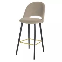 Chaise de bar en velours beige cappuccino et pieds en bois de frêne noir et métal doré H82