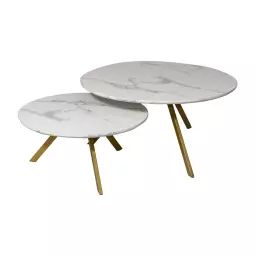 Set de 2 tables basses effet marbre et pieds en métal h30cm et h40cm