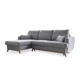 Canapé d’angle gauche convertible 4 places tissu gris clair