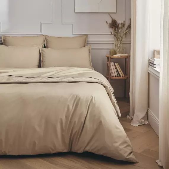 Parure de lit en percale de coton beige lin 200×200