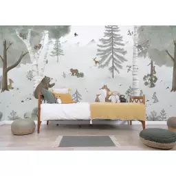 Papier peint panoramique forêt, animaux en papier vert