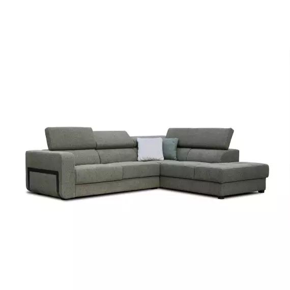 Canapé d’angle droit 5 places en tissu vert avec coussins déco