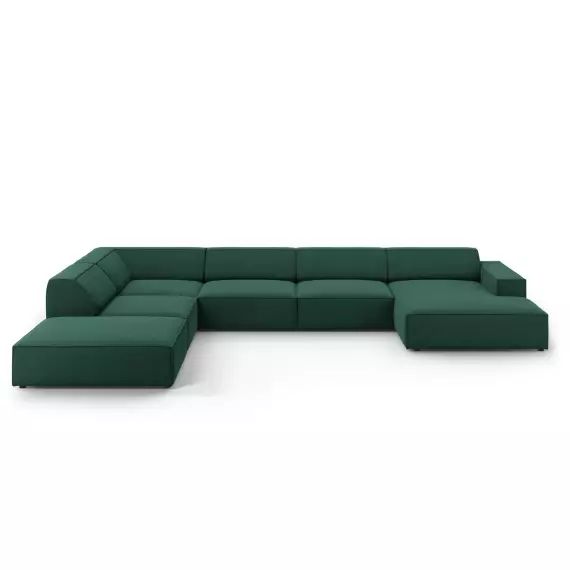 Canapé d’angle gauche panoramique 7 places en tissu structurel vert
