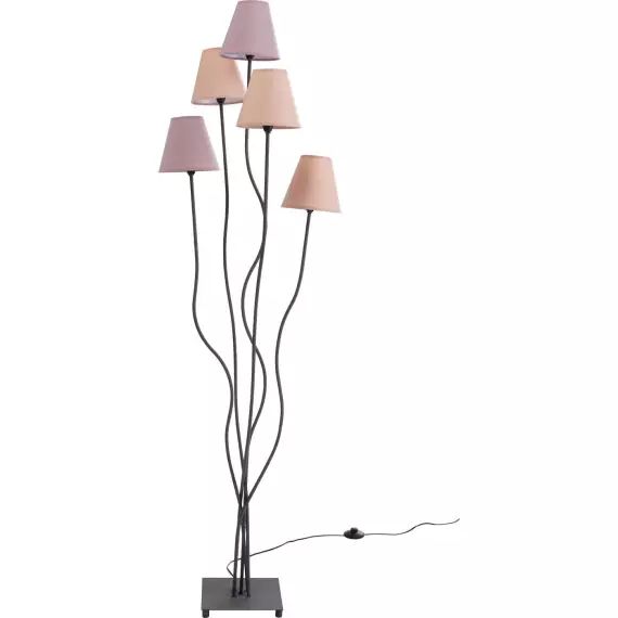 Lampadaire en acier noir 5 abat-jours en tissu rose H163