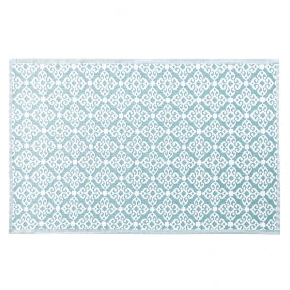 Tapis d’extérieur bleu motifs graphiques blancs 140×200