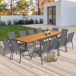 Salon de jardin bois et gris anthracite avec table extensible et 12 chaises