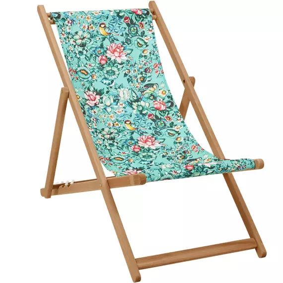 Chilienne pliante en acacia et imprimé fleuri turquoise