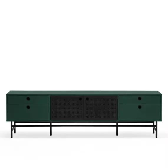 Meuble TV design 180cm en bois et métal perforé vert foncé