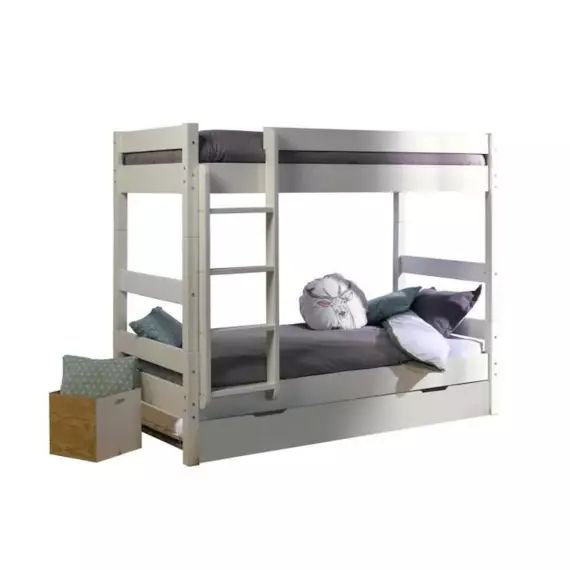 Lit superposé séparable en bois massif – SOGAN – Aaron – Sommier gigogne et matelas inclus – Blanc 90×190 cm blanc