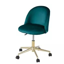 Chaise de bureau à roulettes en velours bleu pétrole et métal coloris laiton