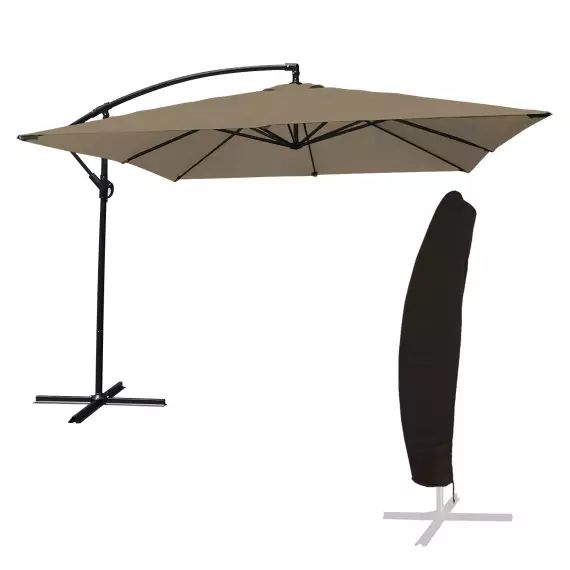 Parasol déporté carré 2,7×2,7m acier toile taupe avec housse