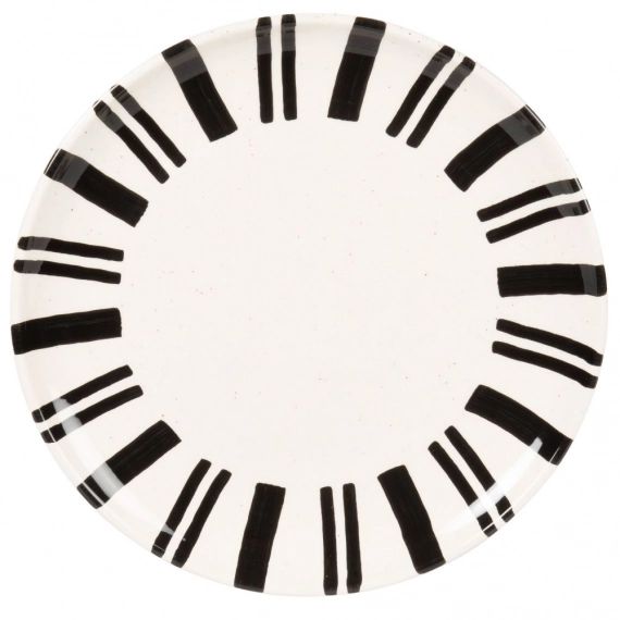 Assiette plate en grès blanc motifs noirs