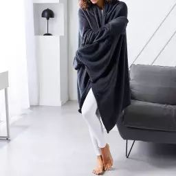 Plaid à capuche uni en polyester gris anthracite 165×115