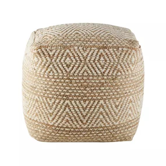 Pouf en jute et coton beige et blanc à motifs graphique