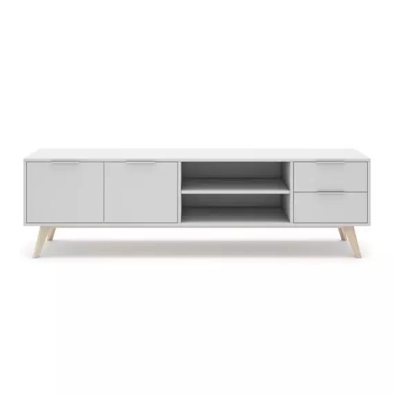 Meuble TV 2 portes, 2 tiroirs, 2 niches blanc et pin massif – L180 cm