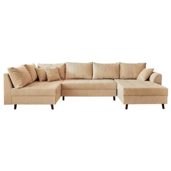 Canapé d&rsquo;angle gauche convertible 7 places en velours côtelé beige