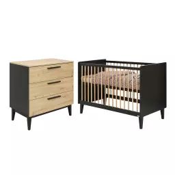 Chambre bébé : Duo – Lit bébé 60×120 commode 3 tiroirs noir naturel