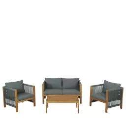 Reem – Salon de jardin 1 canapé, 2 fauteuils et 1 table basse en bois d’acacia et corde – Couleur – Vert