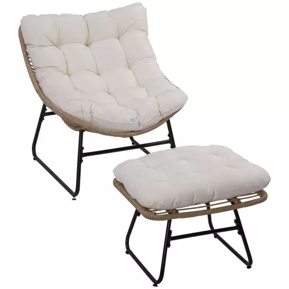 Fauteuil de jardin avec repose-pieds et coussins métal résine beige