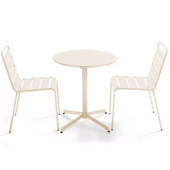 Ensemble table de jardin ronde et 2 chaises métal ivoire