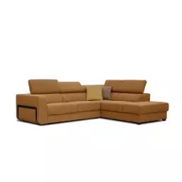 Canapé d’angle droit 5 places en tissu orange avec coussins déco