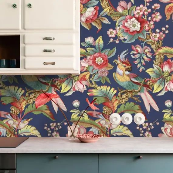 Papier Peint Chinois en Bleu avec des Oiseaux 250×200 cm