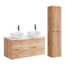 Ensemble meuble double vasque 120cm et colonne stratifiés naturel