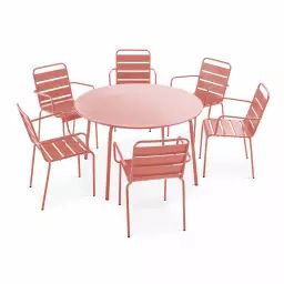 Ensemble table de jardin ronde et 6 fauteuils acier argile