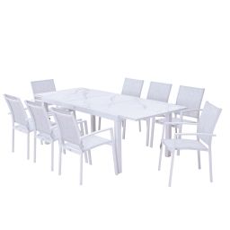Table de jardin 8 personnes en aluminium et en verre effet marbre