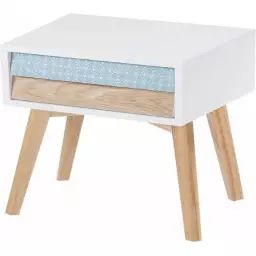 Table de chevet 2 tiroirs en bois couleur blanc et bleu