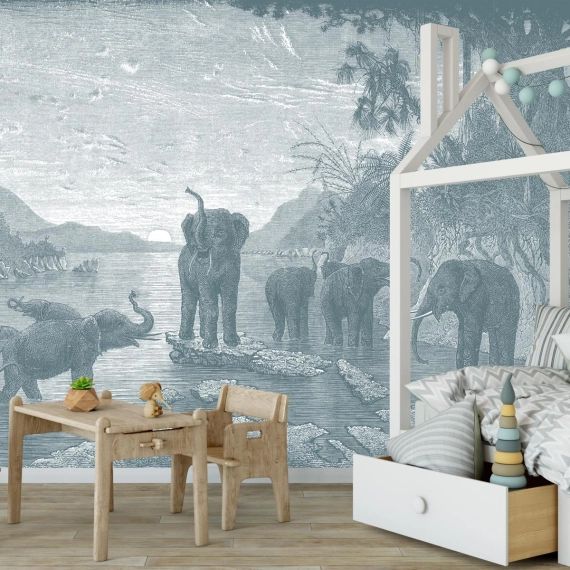 Papier peint moderne panoramique gravure les éléphants 390x270cm