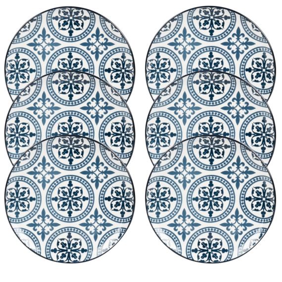 Assiette plate en faïence bleue et blanche motifs graphiques