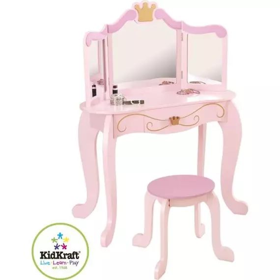KidKraft – Coiffeuse Princess pour enfant en bois avec miroir et tabouret – Rose rose