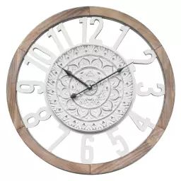 Horloge murale effet bois sculpté blanc et marron ø 55 cm
