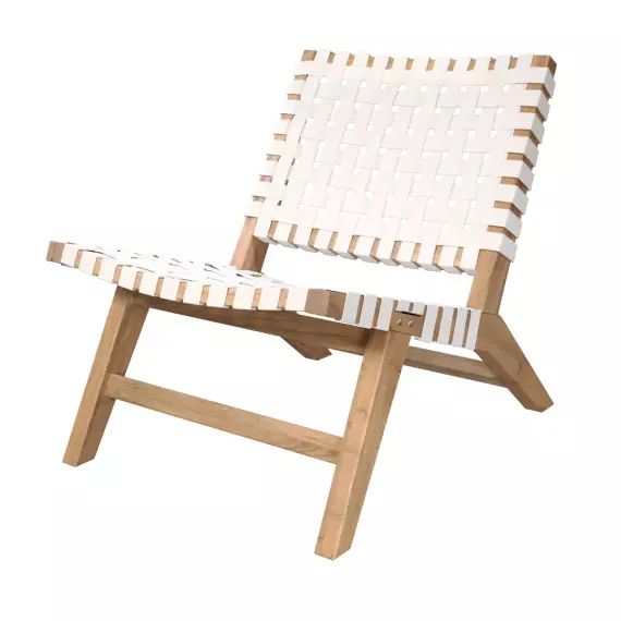 Fauteuil de jardin en teck et sangles en tissu blanc
