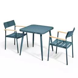 Ensemble table de jardin et 2 fauteuil en aluminium/bois bleu canard