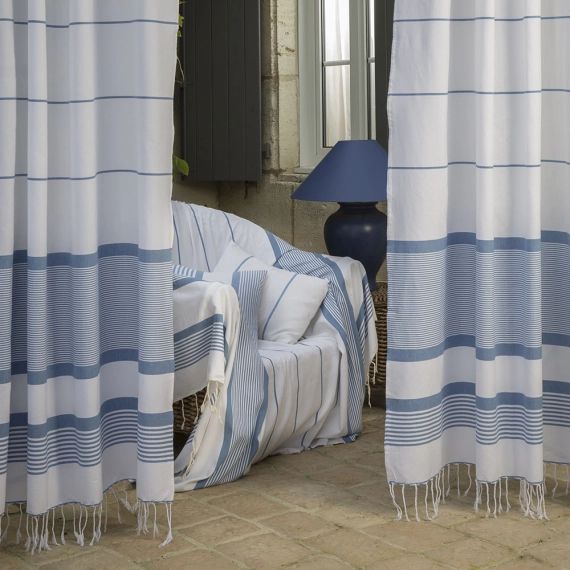 CARTHAGE – Rideau ajustable 100% coton blanc et bleu 140 x 210 à 240