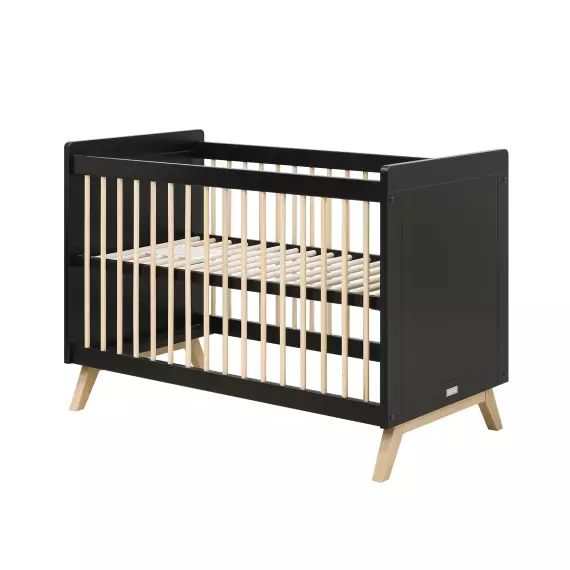 Lit 60×120 noir mat/naturel en MDF et hêtre